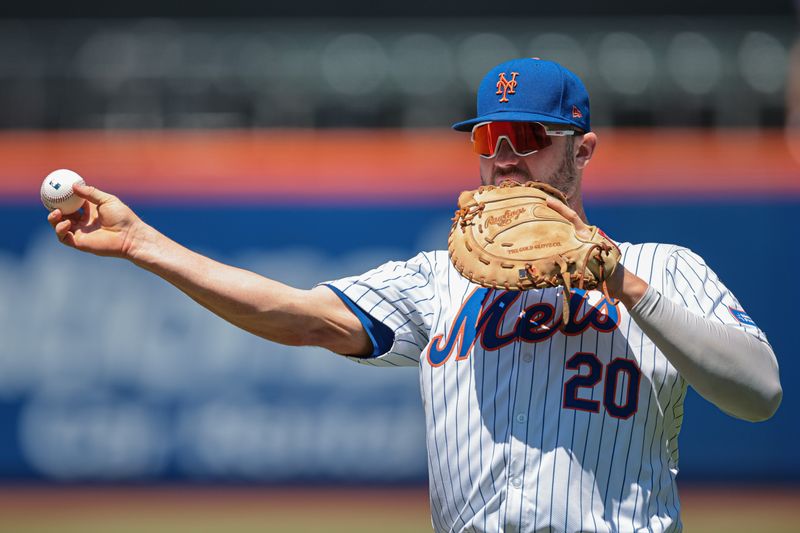 Jul 11, 2024; New York City, New York, USA; New York Mets first baseman Pete Alonso (20) warms up before the game against the Washington Nationals at Citi Field. Mandatory Credit: Vincent Carchietta-USA TODAY Sports