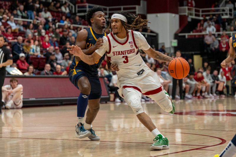 Mar 7, 2024; Stanford, California, USA; Stanford Cardinal guard Kanaan Carlyle (3) drives the lane against California Golden Bears guard Jalen Cone (15) during the second half at Maples Pavillion. Mandatory Credit: Neville E. Guard-USA TODAY Sports