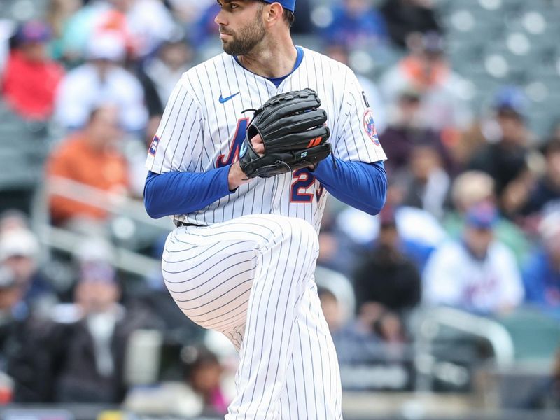 Apr 6, 2025; New York City, New York, USA;  New York Mets starting pitcher David Peterson (23) pitches in the first inning against the Toronto Blue Jays at Citi Field. Mandatory Credit: Wendell Cruz-Imagn Images