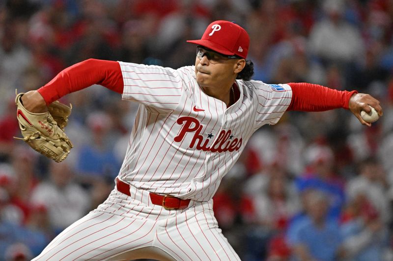 Aug 31, 2025; Philadelphia, Pennsylvania, USA;  Philadelphia Phillies pitcher Jesús Luzardo (44) throws a pitch during the third inning against the Atlanta Braves at Citizens Bank Park. Mandatory Credit: Eric Hartline-Imagn Images