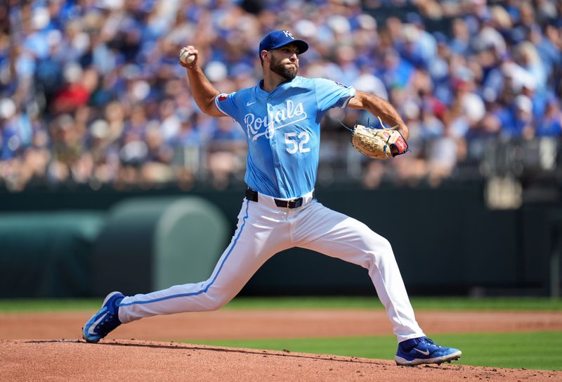 Sep 2, 2024; Kansas City, Missouri, USA; Kansas City Royals starting pitcher Michael Wacha (52) pitches during the first inning against the Cleveland Guardians at Kauffman Stadium. Mandatory Credit: Jay Biggerstaff-USA TODAY Sports