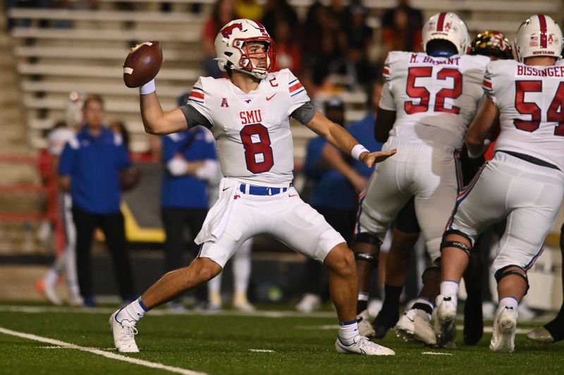 Sep 17, 2022; College Park, Maryland, USA;  Southern Methodist Mustangs quarterback Tanner Mordecai (8) throws during the first quarter against the Maryland Terrapins at Capital One Field at Maryland Stadium. Mandatory Credit: Tommy Gilligan-USA TODAY Sports