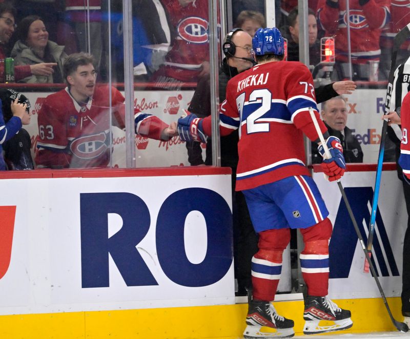 Nov 22, 2025; Montreal, Quebec, CAN; Montreal Canadiens defenseman Arber Xhekaj (72) visits teammate and brother forward Florian Xhekaj (63) in the penalty box during the third period of the game against the Toronto Maple Leafs  at the Bell Centre. Mandatory Credit: Eric Bolte-Imagn Images