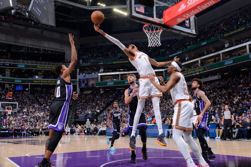 SACRAMENTO, CA - FEBRUARY 22: Victor Wembanyama #1 of the San Antonio Spurs goes up for the rebound during the game against the Sacramento Kings on February 22, 2024 at Golden 1 Center in Sacramento, California. NOTE TO USER: User expressly acknowledges and agrees that, by downloading and or using this Photograph, user is consenting to the terms and conditions of the Getty Images License Agreement. Mandatory Copyright Notice: Copyright 2023 NBAE (Photo by Rocky Widner/NBAE via Getty Images)