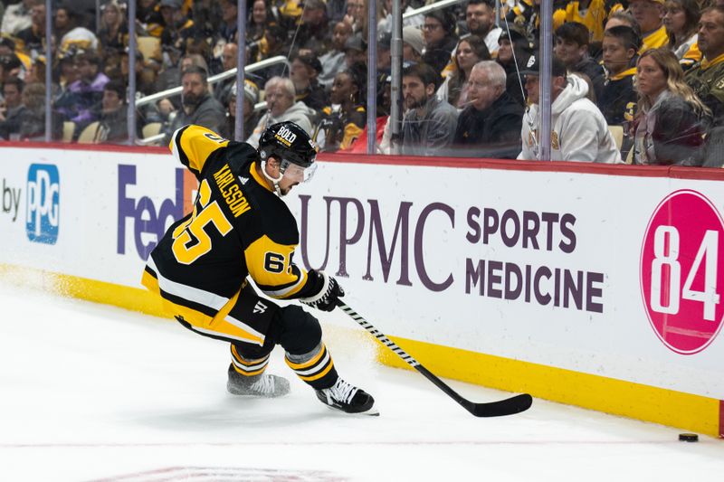 Oct 14, 2023; Pittsburgh, Pennsylvania, USA; Pittsburgh Penguins defenseman Erik Karlsson (65) skate to the corner to get the puck against the Calgary Flames during the second period at PPG Paints Arena. Mandatory Credit: Scott Galvin-USA TODAY Sports