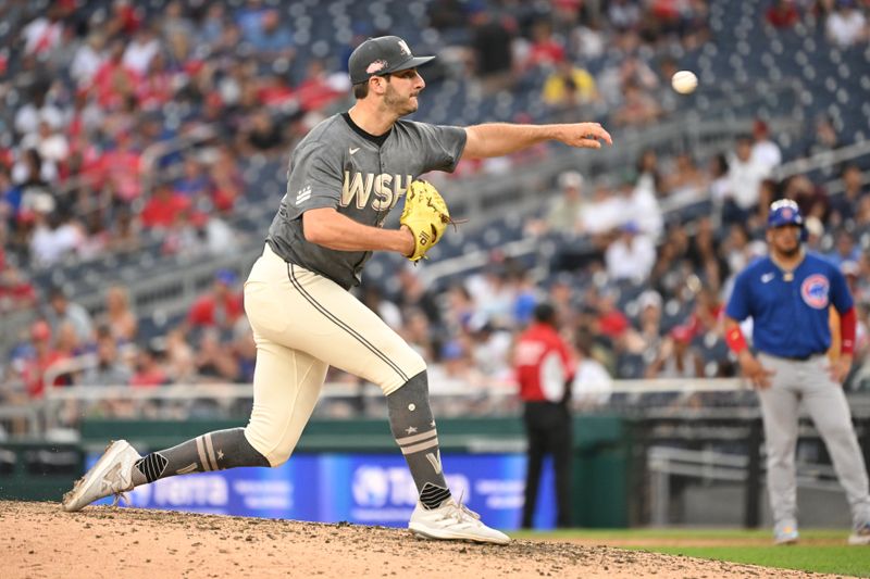 Aug 31, 2024; Washington, District of Columbia, USA; Washington Nationals relief pitcher Joe La Sorsa (53) throws a pitch against the Chicago Cubs during the eighth inning at Nationals Park. Mandatory Credit: Rafael Suanes-USA TODAY Sports