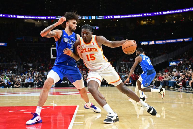 ATLANTA, GA - JANUARY 26: Clint Capela #15 of the Atlanta Hawks drives to the basket during the game against the Dallas Mavericks on January 26, 2024 at State Farm Arena in Atlanta, Georgia.  NOTE TO USER: User expressly acknowledges and agrees that, by downloading and/or using this Photograph, user is consenting to the terms and conditions of the Getty Images License Agreement. Mandatory Copyright Notice: Copyright 2024 NBAE (Photo by Adam Hagy/NBAE via Getty Images)