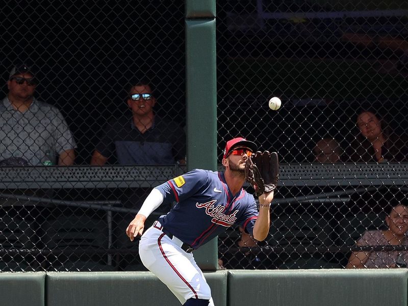 wMar 25, 2024; North Port, Florida, USA;  Atlanta Braves left fielder Forrest Wall (73) catches a fly ball during the fourth inning against the Minnesota Twins at CoolToday Park. Mandatory Credit: Kim Klement Neitzel-USA TODAY Sports