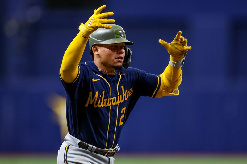 May 21, 2023; St. Petersburg, Florida, USA;  Milwaukee Brewers catcher William Contreras (24) runs the bases after hitting a two run home run against the Tampa Bay Rays in the fifth inning at Tropicana Field. Mandatory Credit: Nathan Ray Seebeck-USA TODAY Sports