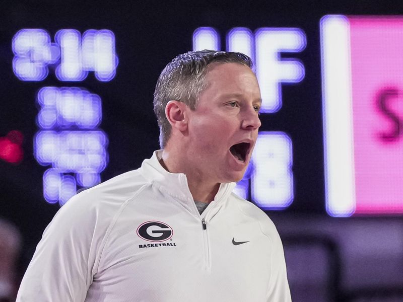 Feb 17, 2024; Athens, Georgia, USA; Georgia Bulldogs head coach Mike White reacts during the game against the Florida Gators at Stegeman Coliseum. Mandatory Credit: Dale Zanine-USA TODAY Sports