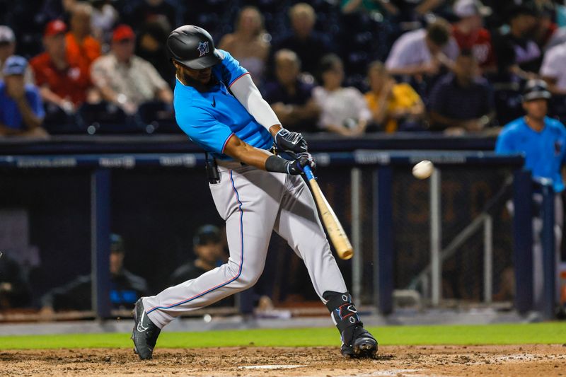 Mar 10, 2023; West Palm Beach, Florida, USA; Miami Marlins left fielder Bryan De La Cruz (14) hits a home run during the fifth inning against the Washington Nationals at The Ballpark of the Palm Beaches. Mandatory Credit: Sam Navarro-USA TODAY Sports