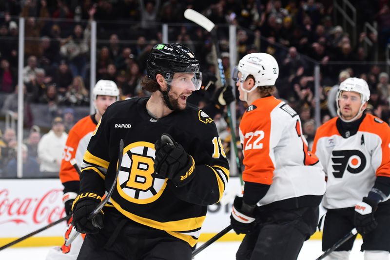 Jan 29, 2026; Boston, Massachusetts, USA; Boston Bruins center Pavel Zacha (18) reacts after scoring a goal during the first period against the Philadelphia Flyers at TD Garden. Mandatory Credit: Bob DeChiara-Imagn Images