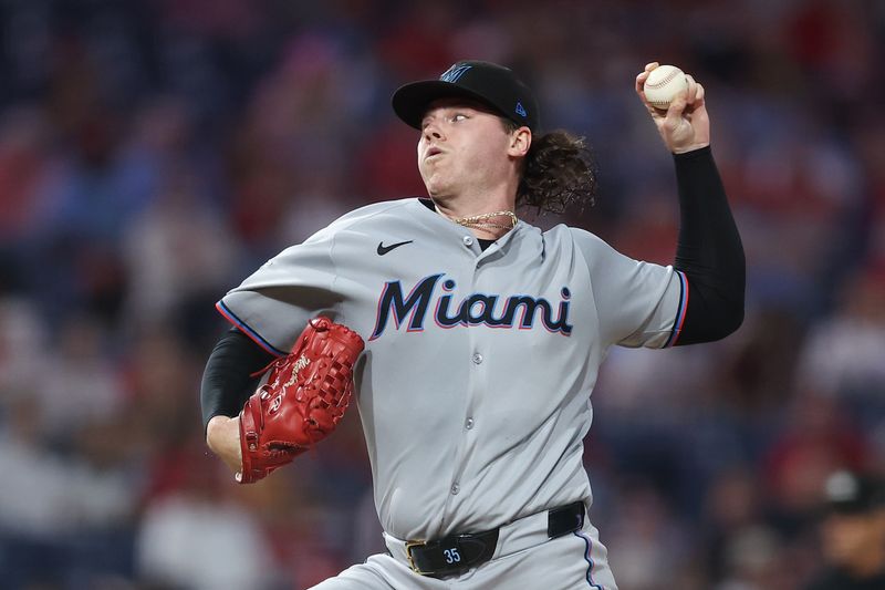 Sep 24, 2025; Philadelphia, Pennsylvania, USA; Miami Marlins pitcher Ryan Weathers (35) throws a pitch during the first inning against the Philadelphia Phillies at Citizens Bank Park. Mandatory Credit: Bill Streicher-Imagn Images