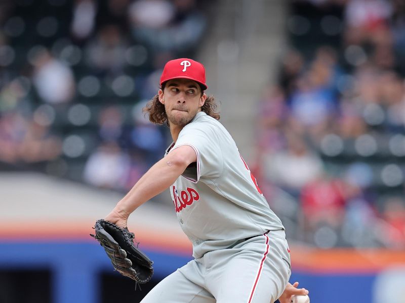 May 14, 2024; New York City, New York, USA; Philadelphia Phillies starting pitcher Aaron Nola (27) pitches against the New York Mets during the second inning at Citi Field. Mandatory Credit: Brad Penner-USA TODAY Sports