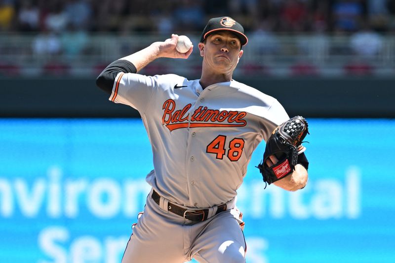 Jul 9, 2023; Minneapolis, Minnesota, USA; Baltimore Orioles starting pitcher Kyle Gibson (48) throws a pitch against the Minnesota Twins during the first inning at Target Field. Mandatory Credit: Jeffrey Becker-USA TODAY Sports