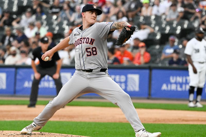 Jun 19, 2024; Chicago, Illinois, USA;  Houston Astros pitcher Hunter Brown (58) delivers against the Chicago White Sox during the first inning at Guaranteed Rate Field. Mandatory Credit: Matt Marton-USA TODAY Sports