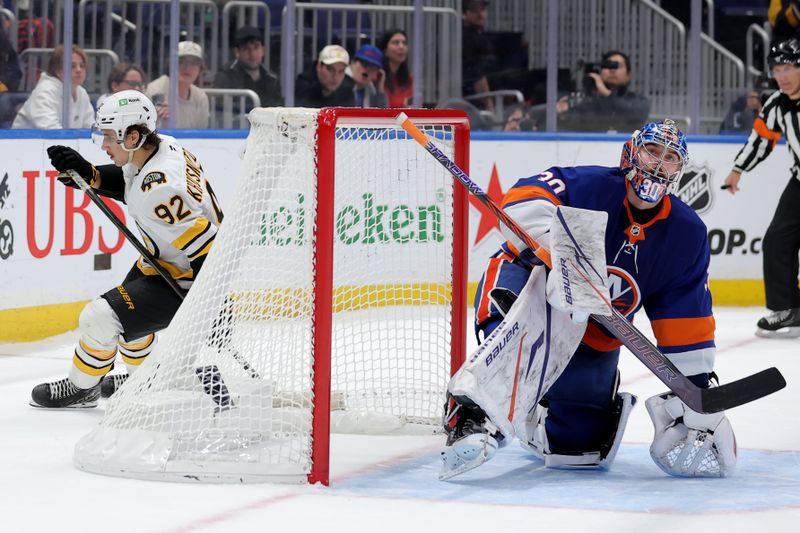 Nov 4, 2025; Elmont, New York, USA; New York Islanders goaltender Ilya Sorokin (30) reacts after Boston Bruins center Marat Khusnutdinov (92) scores during the shootout at UBS Arena. Mandatory Credit: Brad Penner-Imagn Images