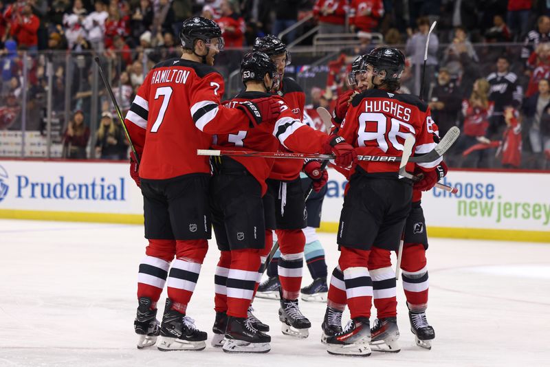 Dec 6, 2024; Newark, New Jersey, USA; New Jersey Devils left wing Jesper Bratt (63) celebrates his goal against the Seattle Kraken during the second period at Prudential Center. Mandatory Credit: Ed Mulholland-Imagn Images