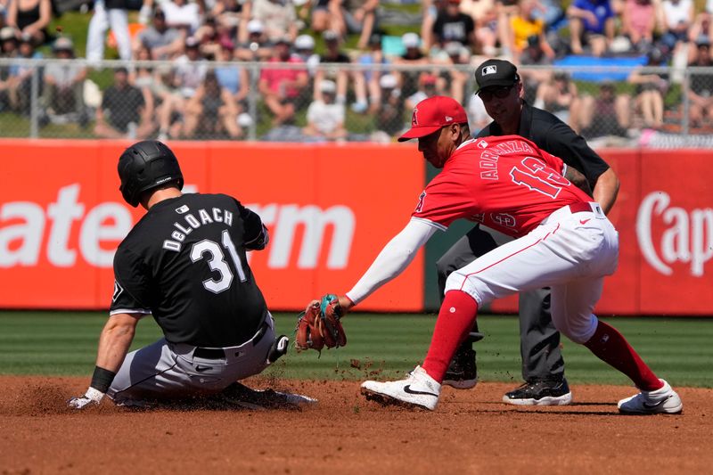 Mar 22, 2024; Tempe, Arizona, USA; Los Angeles Angels center fielder Aaron Hicks (12) tags out Chicago White Sox left fielder Zack DeLoach (31) in the first inning at Tempe Diablo Stadium. Mandatory Credit: Rick Scuteri-USA TODAY Sports