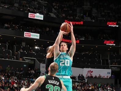 CHARLOTTE, NC - NOVEMBER 20: Gordon Hayward #20 of the Charlotte Hornets shoots the ball during the game against the Boston Celtics on November 20, 2023 at Spectrum Center in Charlotte, North Carolina. NOTE TO USER: User expressly acknowledges and agrees that, by downloading and or using this photograph, User is consenting to the terms and conditions of the Getty Images License Agreement. Mandatory Copyright Notice: Copyright 2023 NBAE (Photo by Kent Smith/NBAE via Getty Images)