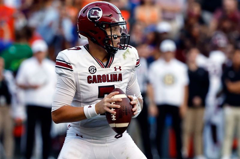 Nov 12, 2022; Gainesville, Florida, USA; South Carolina Gamecocks quarterback Spencer Rattler (7) drops back against the South Carolina Gamecocks during the second quarter at Ben Hill Griffin Stadium. Mandatory Credit: Kim Klement-USA TODAY Sports