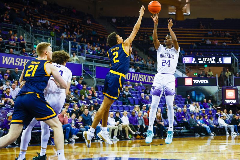 Jan 14, 2023; Seattle, Washington, USA; Washington Huskies guard Noah Williams (24) rises for a jump shot against California Golden Bears forward Monty Bowser (2) during the first half at Alaska Airlines Arena at Hec Edmundson Pavilion. Mandatory Credit: Joe Nicholson-USA TODAY Sports