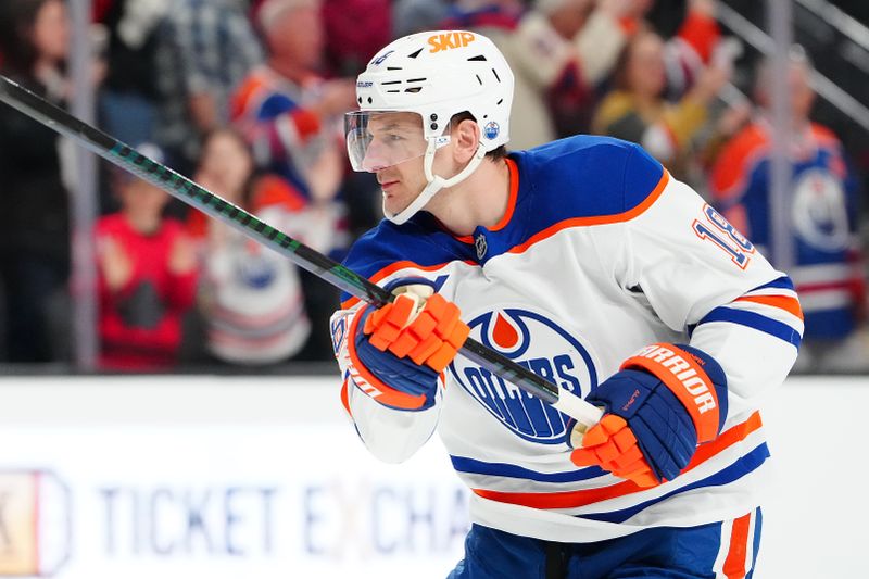 Mar 8, 2026; Las Vegas, Nevada, USA; Edmonton Oilers left wing Zach Hyman (18) warms up before a game against the Vegas Golden Knights at T-Mobile Arena. Mandatory Credit: Stephen R. Sylvanie-Imagn Images