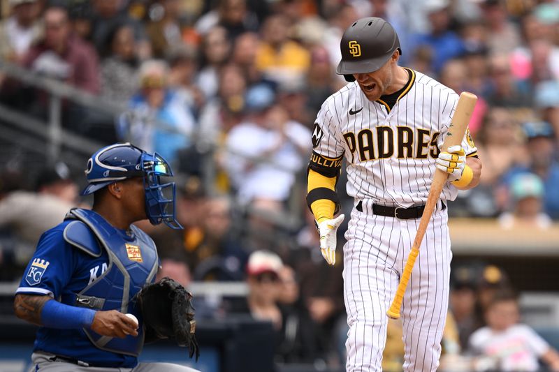 May 17, 2023; San Diego, California, USA; San Diego Padres pinch-hitter Brett Sullivan (right) reacts after striking out during the sixth inning against the Kansas City Royals at Petco Park. Mandatory Credit: Orlando Ramirez-USA TODAY Sports