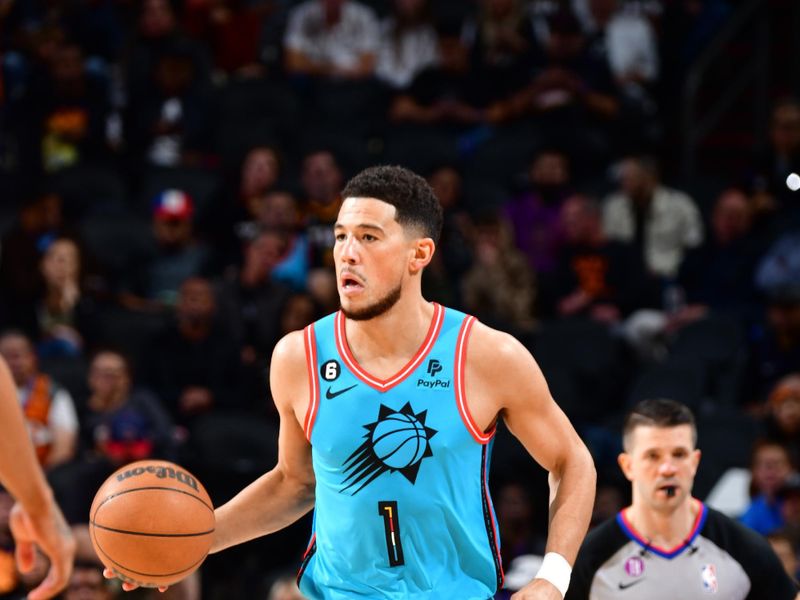 PHOENIX, AZ - DECEMBER 2: Devin Booker #1 of the Phoenix Suns dribbles the ball during the game against the Houston Rockets on December 2, 2022 at Footprint Center in Phoenix, Arizona. NOTE TO USER: User expressly acknowledges and agrees that, by downloading and or using this photograph, user is consenting to the terms and conditions of the Getty Images License Agreement. Mandatory Copyright Notice: Copyright 2022 NBAE (Photo by Barry Gossage/NBAE via Getty Images)