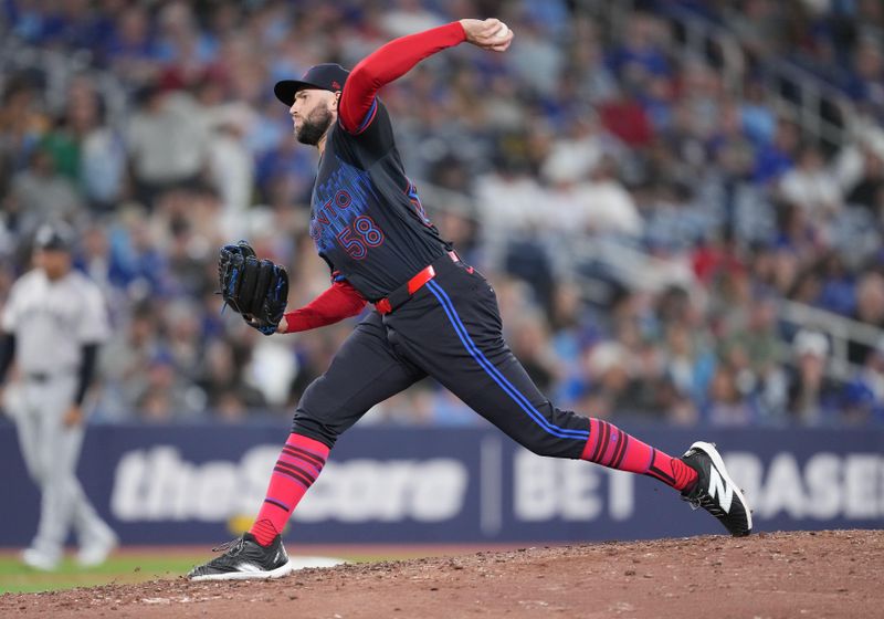 Jun 28, 2024; Toronto, Ontario, CAN; Toronto Blue Jays relief pitcher Tim Mayza (58) throws a pitch against the New York Yankees during the ninth inning at Rogers Centre. Mandatory Credit: Nick Turchiaro-USA TODAY Sports