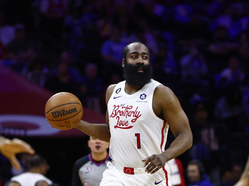 PHILADELPHIA, PA - APRIL 06: James Harden #1 of the Philadelphia 76ers in action against the Miami Heat during a game at Wells Fargo Center on April 6, 2023 in Philadelphia, Pennsylvania. The Heat defeated the 76ers 129-101. NOTE TO USER: User expressly acknowledges and agrees that, by downloading and or using this photograph, User is consenting to the terms and conditions of the Getty Images License Agreement. (Photo by Rich Schultz/Getty Images)