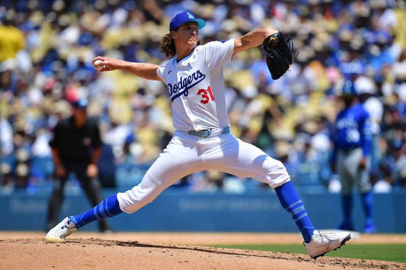 Jun 16, 2024; Los Angeles, California, USA; Los Angeles Dodgers pitcher Tyler Glasnow (31) throws against the Kansas City Royals during the sixth inning at Dodger Stadium. Mandatory Credit: Gary A. Vasquez-USA TODAY Sports