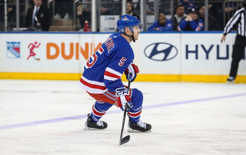 Mar 19, 2024; New York, New York, USA; New York Rangers defenseman Chad Ruhwedel (5) awaits a pass at the blue line against the Winnipeg Jets during the first period at Madison Square Garden. Mandatory Credit: Danny Wild-USA TODAY Sports