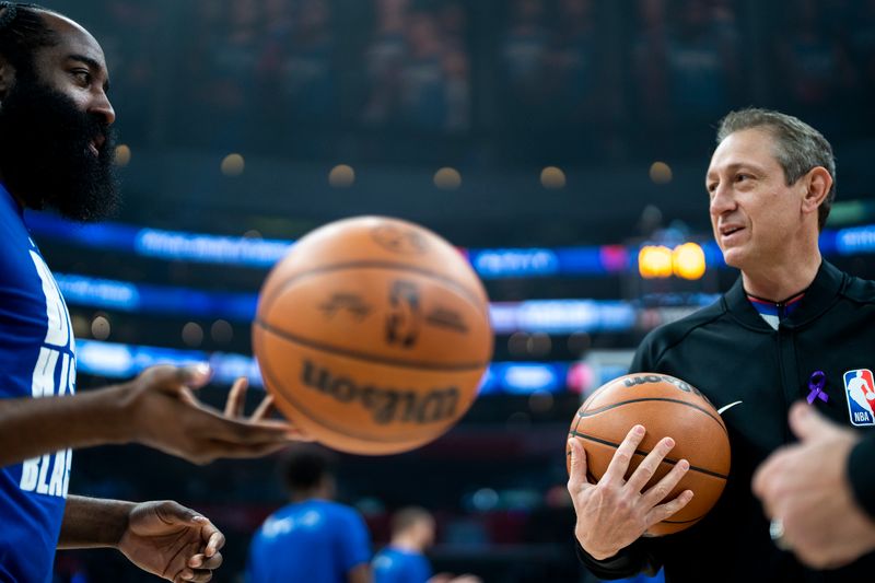 LOS ANGELES, CA - FEBRUARY 7: James Harden #1 of the LA Clippers selects the game ball before the game against the New Orleans Pelicans on February 7, 2024 at Crypto.Com Arena in Los Angeles, California. NOTE TO USER: User expressly acknowledges and agrees that, by downloading and/or using this Photograph, user is consenting to the terms and conditions of the Getty Images License Agreement. Mandatory Copyright Notice: Copyright 2024 NBAE (Photo by Tyler Ross/NBAE via Getty Images)