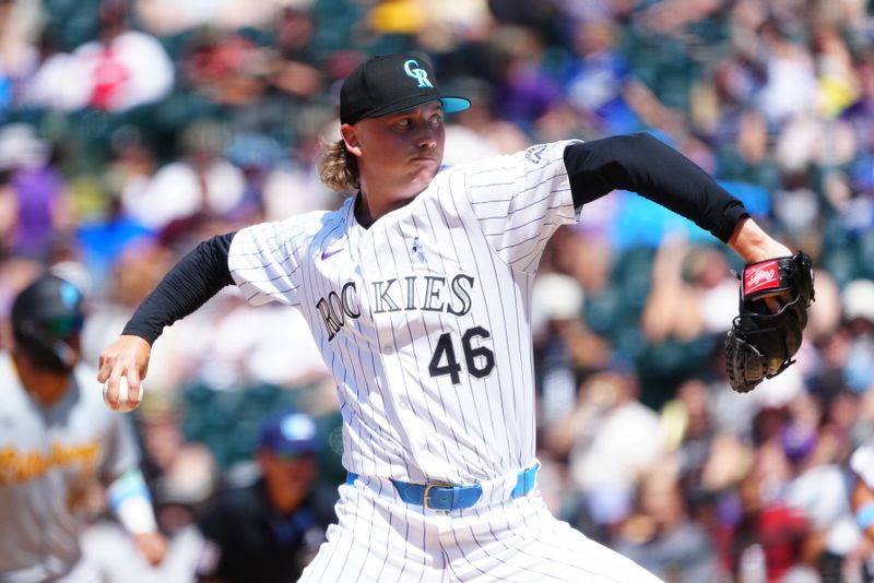 Jun 16, 2024; Denver, Colorado, USA; Colorado Rockies pitcher Nick Mears (46) delivers a pitch in the seventh inning against the Pittsburgh Pirates at Coors Field. Mandatory Credit: Ron Chenoy-USA TODAY Sports