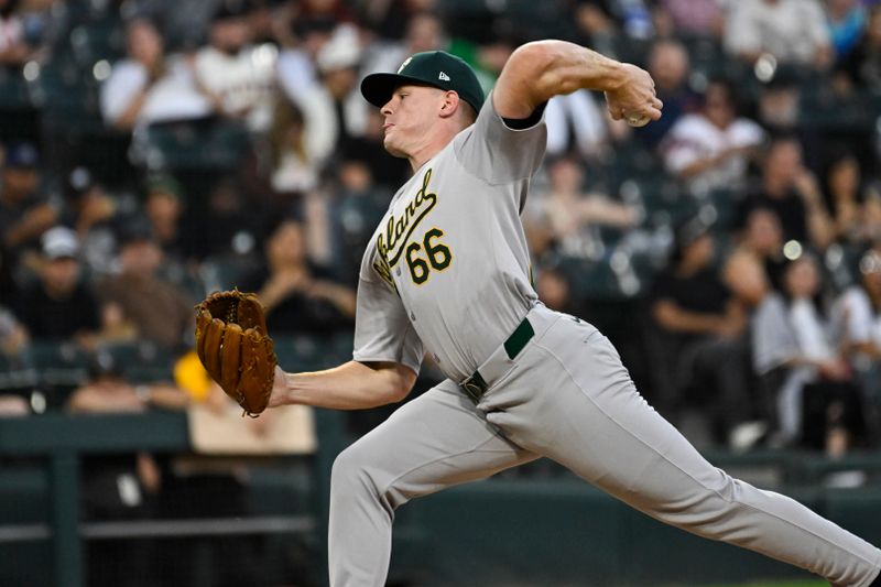 Sep 13, 2024; Chicago, Illinois, USA;  Oakland Athletics pitcher Brady Basso (66) delivers against the Chicago White Sox during the first inning at Guaranteed Rate Field. Mandatory Credit: Matt Marton-Imagn Images