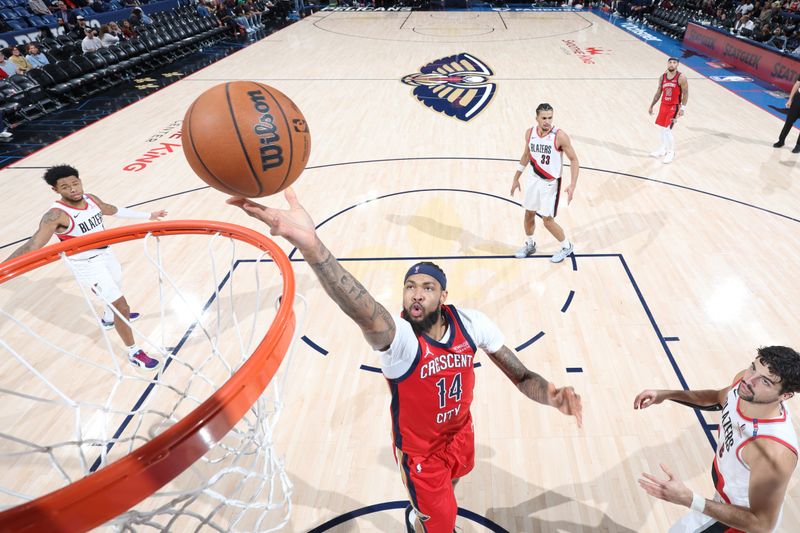 CHICAGO, IL - NOVEMBER 4: Brandon Ingram #14 of the New Orleans Pelicans drives to the basket during the game against the Portland Trail Blazers on November 4, 2024 at Smoothie King Center in New Orleans, Louisiana. NOTE TO USER: User expressly acknowledges and agrees that, by downloading and or using this photograph, User is consenting to the terms and conditions of the Getty Images License Agreement. Mandatory Copyright Notice: Copyright 2024 NBAE (Photo by Jeff Haynes/NBAE via Getty Images)