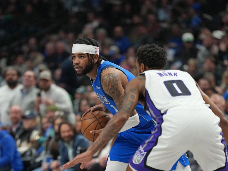 DALLAS, TX - FEBRUARY 10: Jaden Hardy #1 of the Dallas Mavericks handles the ball during the game against the Sacramento Kings  on February 10, 2025 at American Airlines Center in Dallas, Texas. NOTE TO USER: User expressly acknowledges and agrees that, by downloading and or using this photograph, User is consenting to the terms and conditions of the Getty Images License Agreement. Mandatory Copyright Notice: Copyright 2025 NBAE (Photo by Glenn James/NBAE via Getty Images)