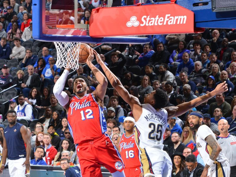 PHILADELPHIA, PA - MARCH 8: Tobias Harris #12 of the Philadelphia 76ers drives to the basket during the game against the New Orleans Pelicans on March 8, 2024 at the Wells Fargo Center in Philadelphia, Pennsylvania NOTE TO USER: User expressly acknowledges and agrees that, by downloading and/or using this Photograph, user is consenting to the terms and conditions of the Getty Images License Agreement. Mandatory Copyright Notice: Copyright 2024 NBAE (Photo by Jesse D. Garrabrant/NBAE via Getty Images)