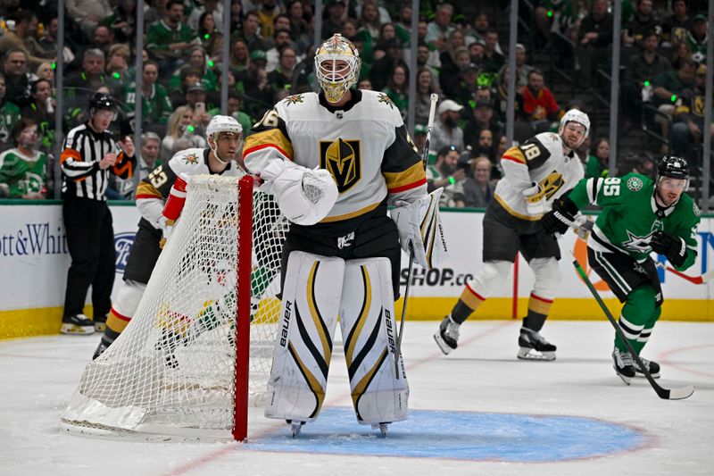 Apr 24, 2024; Dallas, Texas, USA; Vegas Golden Knights goaltender Logan Thompson (36) faces the Dallas Stars attack during the second period in game two of the first round of the 2024 Stanley Cup Playoffs at American Airlines Center. Mandatory Credit: Jerome Miron-USA TODAY Sports