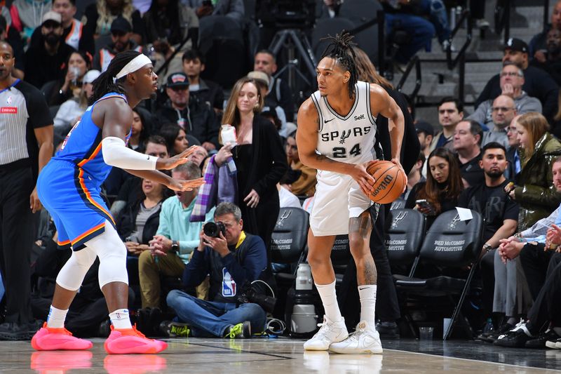 SAN ANTONIO, TX - FEBRUARY 29: Devin Vassell #24 of the San Antonio Spurs handles the ball during the game against the Oklahoma City Thunder on February 29, 2024 at the Frost Bank Center in San Antonio, Texas. NOTE TO USER: User expressly acknowledges and agrees that, by downloading and or using this photograph, user is consenting to the terms and conditions of the Getty Images License Agreement. Mandatory Copyright Notice: Copyright 2024 NBAE (Photos by Michael Gonzales/NBAE via Getty Images)