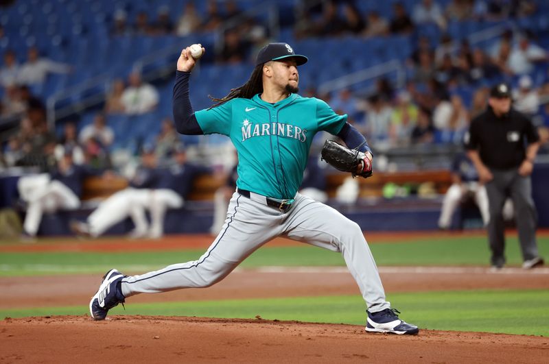 Jun 25, 2024; St. Petersburg, Florida, USA; Seattle Mariners pitcher Luis Castillo (58) pitches against the Tampa Bay Rays during the first inning at Tropicana Field. Mandatory Credit: Kim Klement Neitzel-USA TODAY Sports