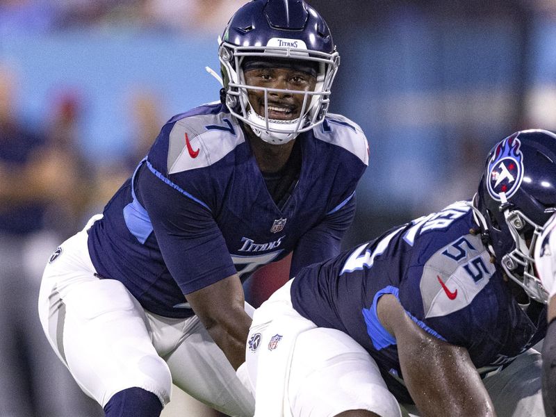 Tennessee Titans quarterback Malik Willis (7) prepares to take a snap during their NFL football game against the New England Patriots Friday, Aug. 25, 2023, in Nashville, Tenn. (AP Photo/Wade Payne)