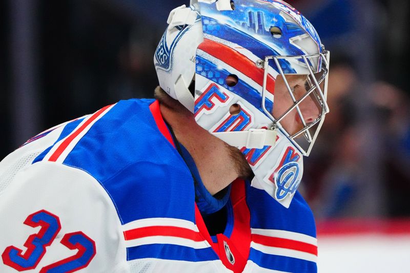 Jan 14, 2025; Denver, Colorado, USA; New York Rangers goaltender Jonathan Quick (32) before the game against the against the Colorado Avalanche at Ball Arena. Mandatory Credit: Ron Chenoy-Imagn Images