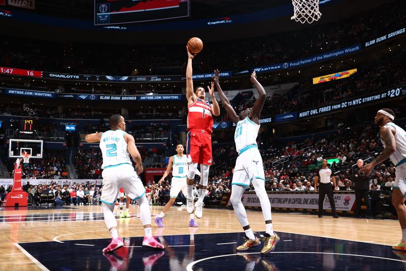 WASHINGTON, DC -? MARCH 8: Johnny Davis #1 of the Washington Wizards shoots the ball during the game against the Charlotte Hornets on March 8, 2024 at Capital One Arena in Washington, DC. NOTE TO USER: User expressly acknowledges and agrees that, by downloading and or using this Photograph, user is consenting to the terms and conditions of the Getty Images License Agreement. Mandatory Copyright Notice: Copyright 2024 NBAE (Photo by Kenny Giarla/NBAE via Getty Images)