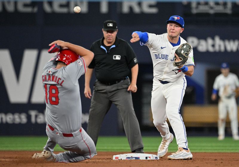 Aug 22, 2024; Toronto, Ontario, CAN;  Toronto Blue Jays second baseman Will Wagner (7) throws to first base for a double play after forcing out Los Angeles Angels first baseman Nolan Schanuel (18) in the sixth inning at Rogers Centre. Mandatory Credit: Dan Hamilton-USA TODAY Sports