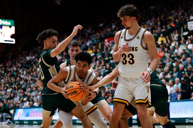 Mar 2, 2024; Fort Collins, Colorado, USA; Wyoming Cowboys guard Kael Combs (11) controls the ball against Colorado State Rams guard Kyan Evans (0) and forward Patrick Cartier (12) as forward Mason Walters (33) defends in the second half at Moby Arena. Mandatory Credit: Isaiah J. Downing-USA TODAY Sports