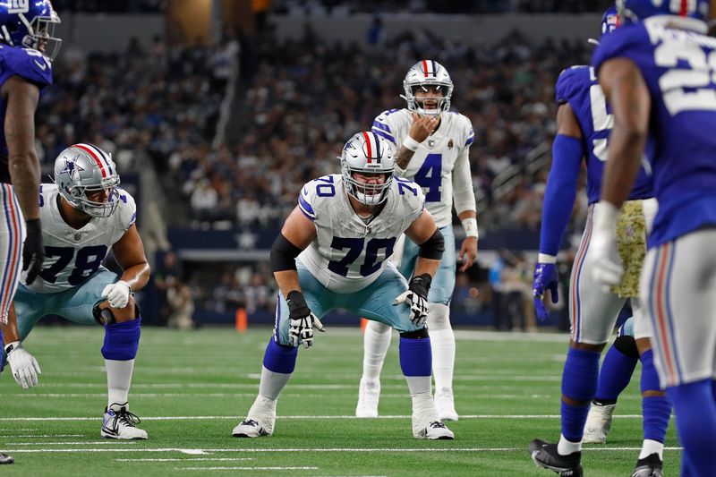 Dallas Cowboys guard Zack Martin (70) during an NFL football game against the New York Giants, Sunday, Nov. 12, 2023, in Arlington, TX. (AP Photo/Tyler Kaufman)