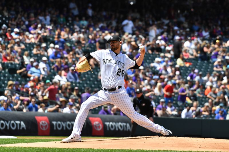 May 28, 2023; Denver, Colorado, USA; Colorado Rockies starting pitcher Austin Gomber (26) delivers a pitch in the first inning against the New York Mets at Coors Field. Mandatory Credit: John Leyba-USA TODAY Sports