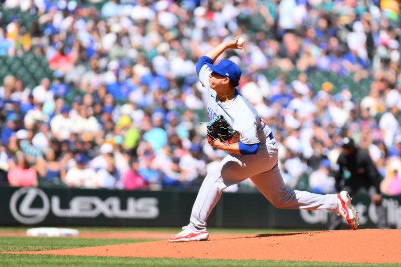 Apr 14, 2024; Seattle, Washington, USA; Chicago Cubs starting pitcher Javier Assad (72) pitches to the Seattle Mariners during the first inning at T-Mobile Park. Mandatory Credit: Steven Bisig-USA TODAY Sports